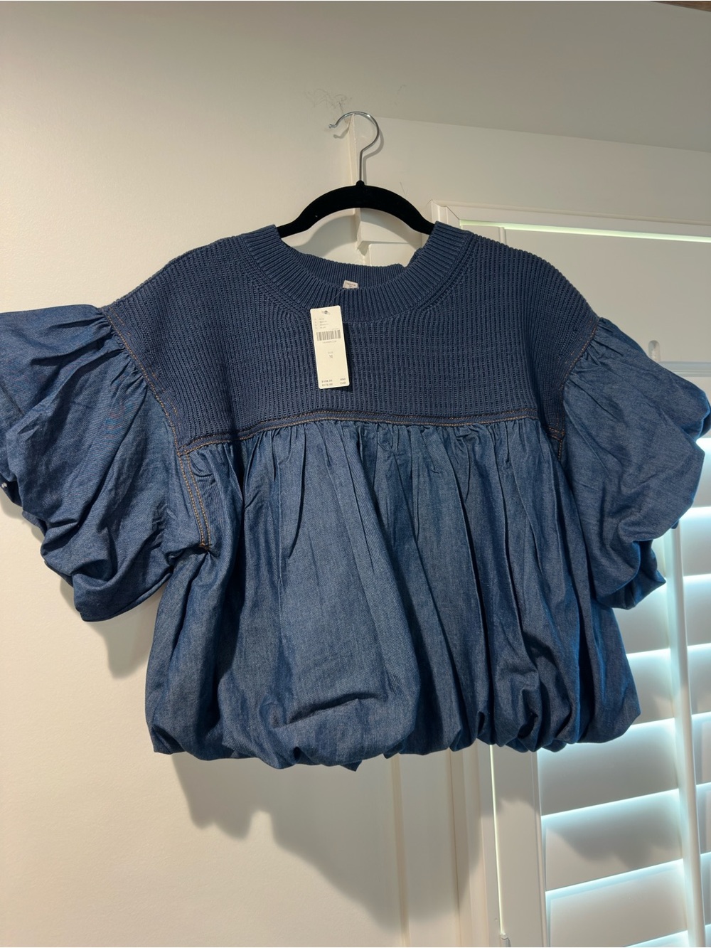 Pilcro Navy Knit Yoke Denim Puff-Sleeve Top